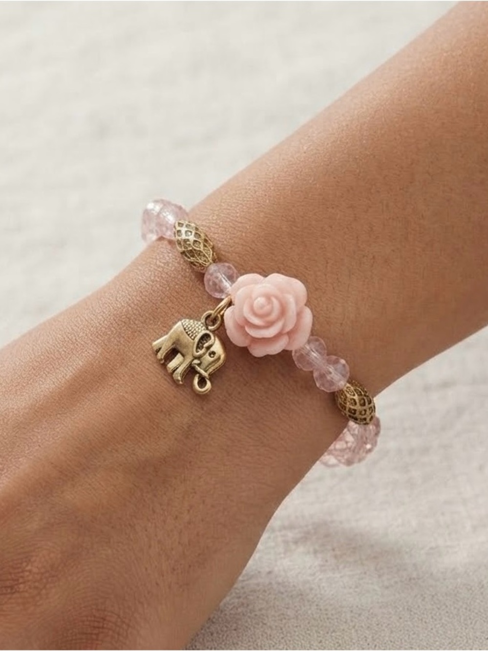Pink Rose Bead Stretch Bracelet with Gold Elephant Charm